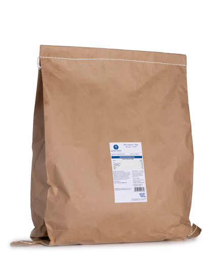 Wholemeal rye flour in a 3kg bag from Whole Food Earth, stoneground, with a rustic label and natural brown color.