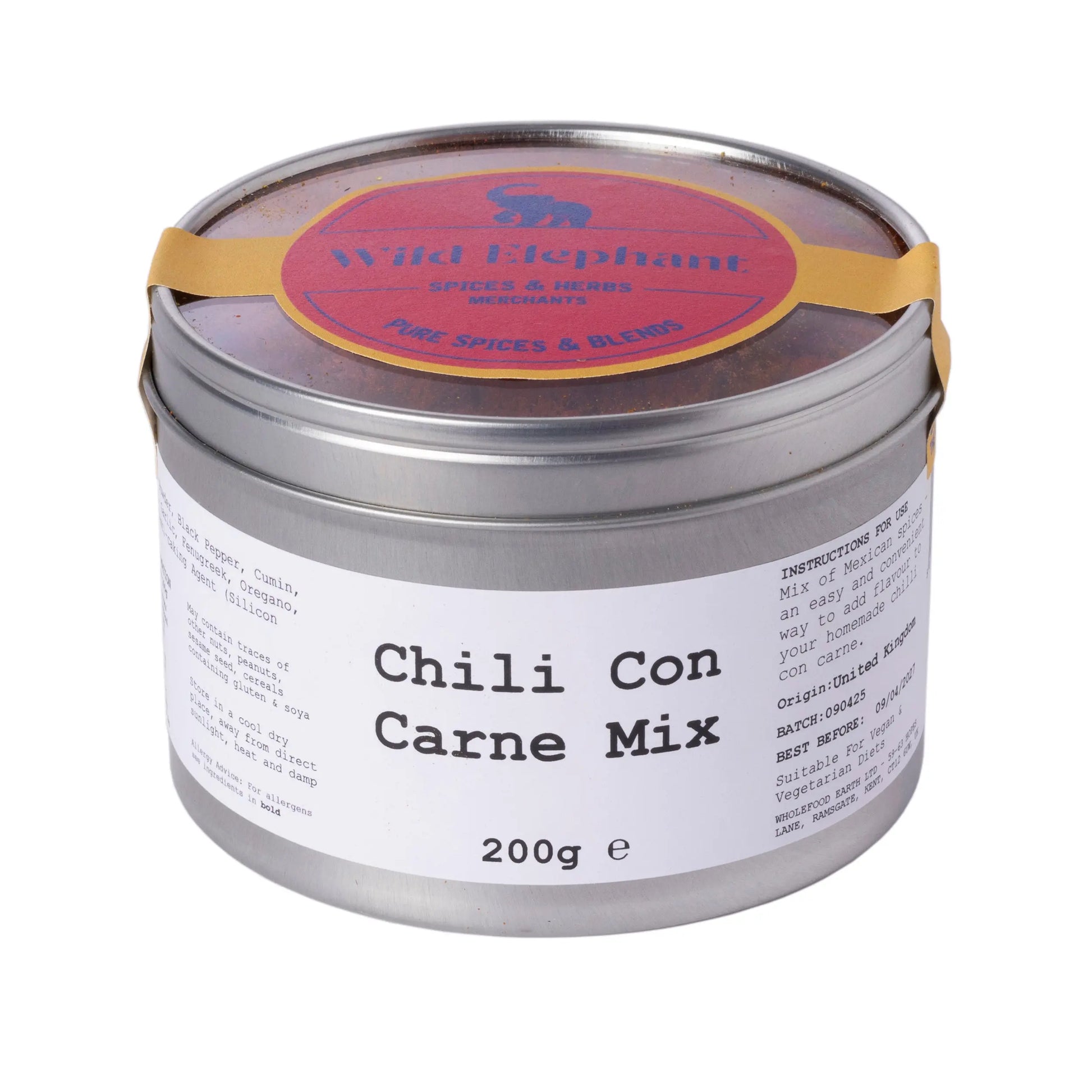 Wild Elephant Chili Con Carne Mix by Whole Food Earth, seasoned spice blend in a jar for flavorful chili dishes.