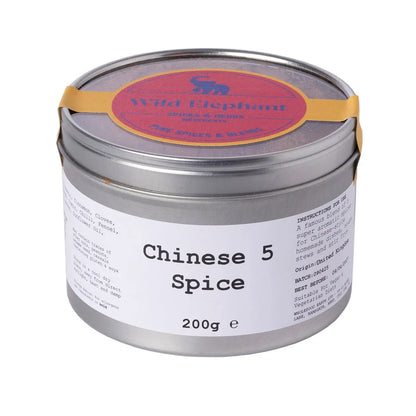 Wild Elephant Chinese 5 Spice seasoning jar from Whole Food Earth, featuring a colorful label and spices visible inside.