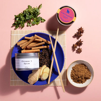 Chinese 5 Spice seasoning from Wild Elephant by Whole Food Earth, showing a spice blend in a jar with colorful spices.