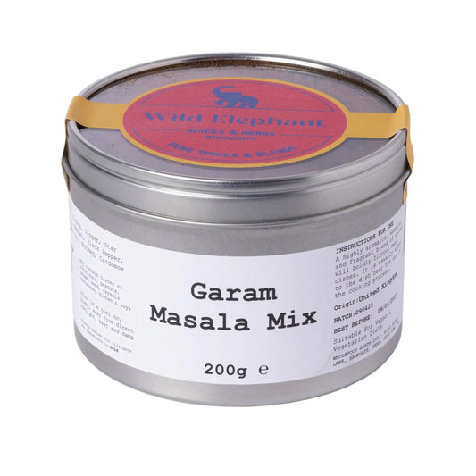 Wild Elephant Garam Masala Mix in a spice jar, featuring a colorful label, for flavorful Indian seasoning and spice blends.
