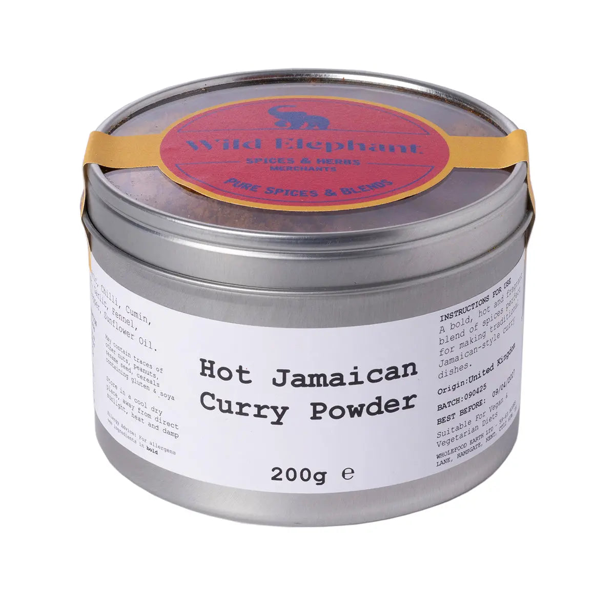 Wild Elephant hot Jamaican curry powder in a spice jar, part of Whole Food Earth's seasonings and spices collection.