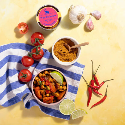 Wild Elephant hot Jamaican curry powder in a spice jar, used as a seasoning and spice for flavorful dishes.