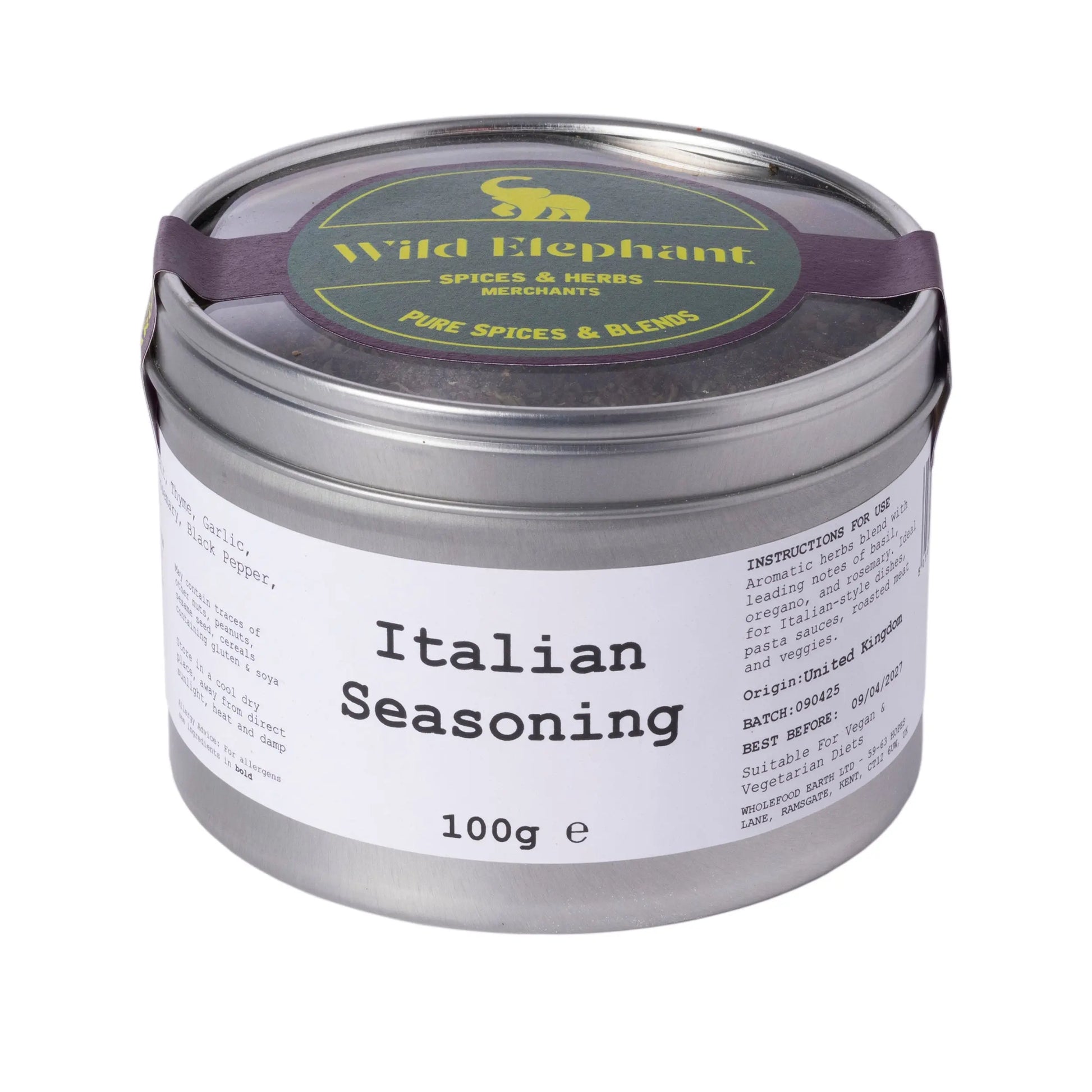 Wild Elephant Italian Seasoning from Whole Food Earth, a blend of herbs and spices in a jar, for flavorful Italian dishes.