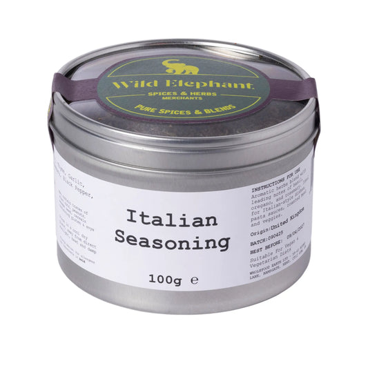 Wild Elephant Italian Seasoning from Whole Food Earth, a blend of herbs and spices in a jar, for flavorful Italian dishes.