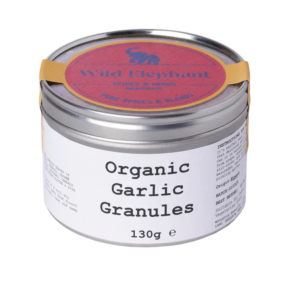 Organic garlic granules from Wild Elephant, Whole Food Earth, shown in a clear container with fresh garlic granules.