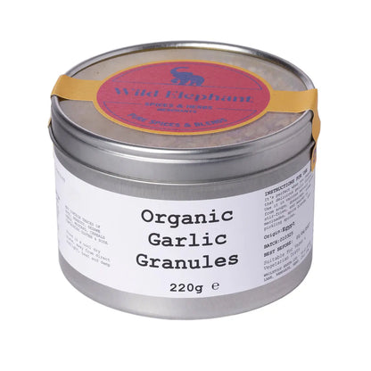 Wild Elephant Organic Garlic Granules in a jar, showing the herbs and spices product from Whole Food Earth.