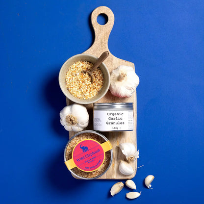 Wild Elephant Organic Garlic Granules in a clear jar, showing fine, white garlic spice granules for herbs and spices cooking.