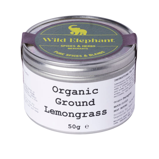 Organic ground lemongrass from Wild Elephant in a 50g package, showing fresh, aromatic powdered herbs for cooking and herbal remedies.