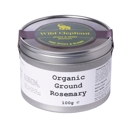 Organic ground rosemary from Wild Elephant, a 100g jar of fresh, dried herbs for cooking and seasoning.