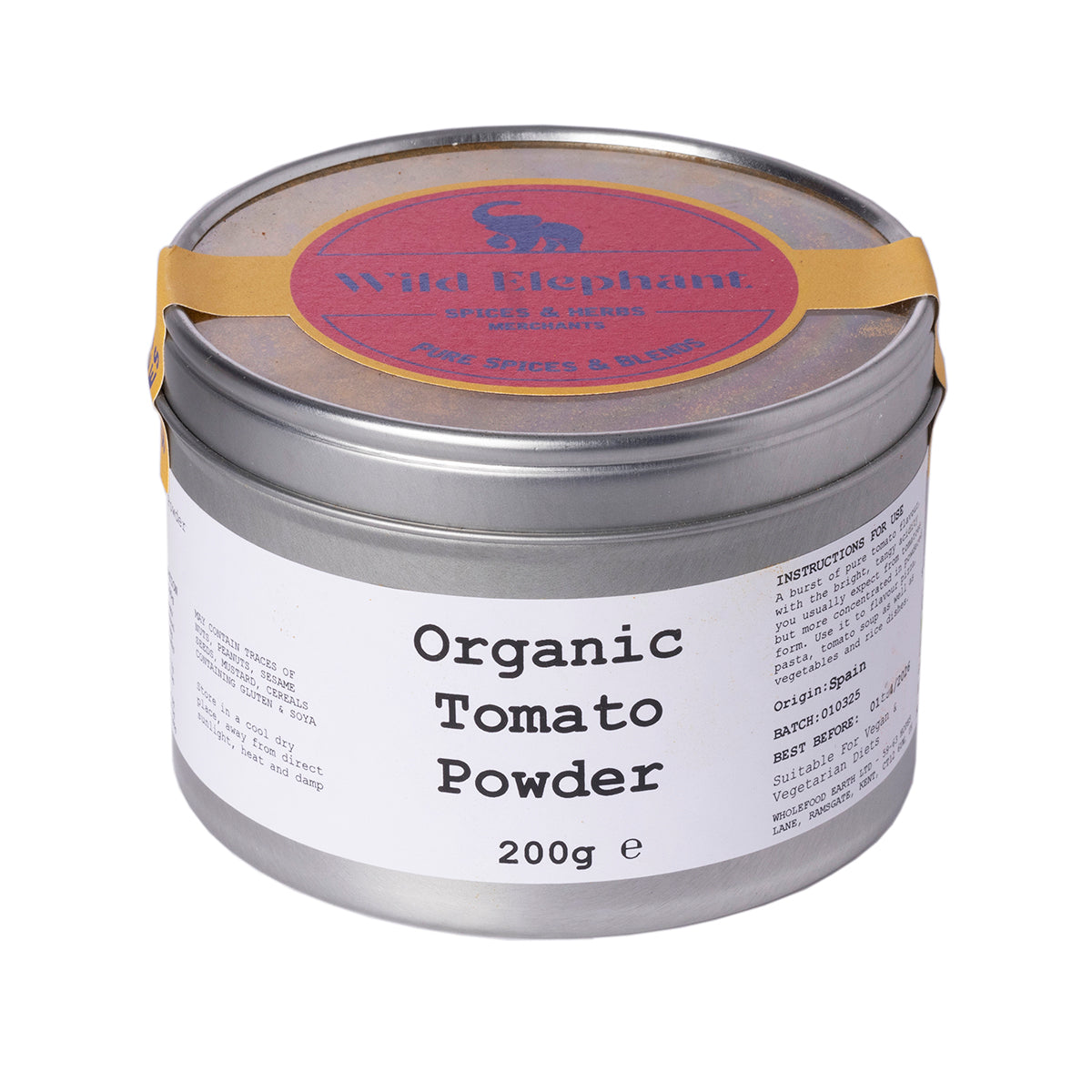Organic Tomato Powder from Wild Elephant, a natural herb and spice by Whole Food Earth, shown in a close-up of the spice container.