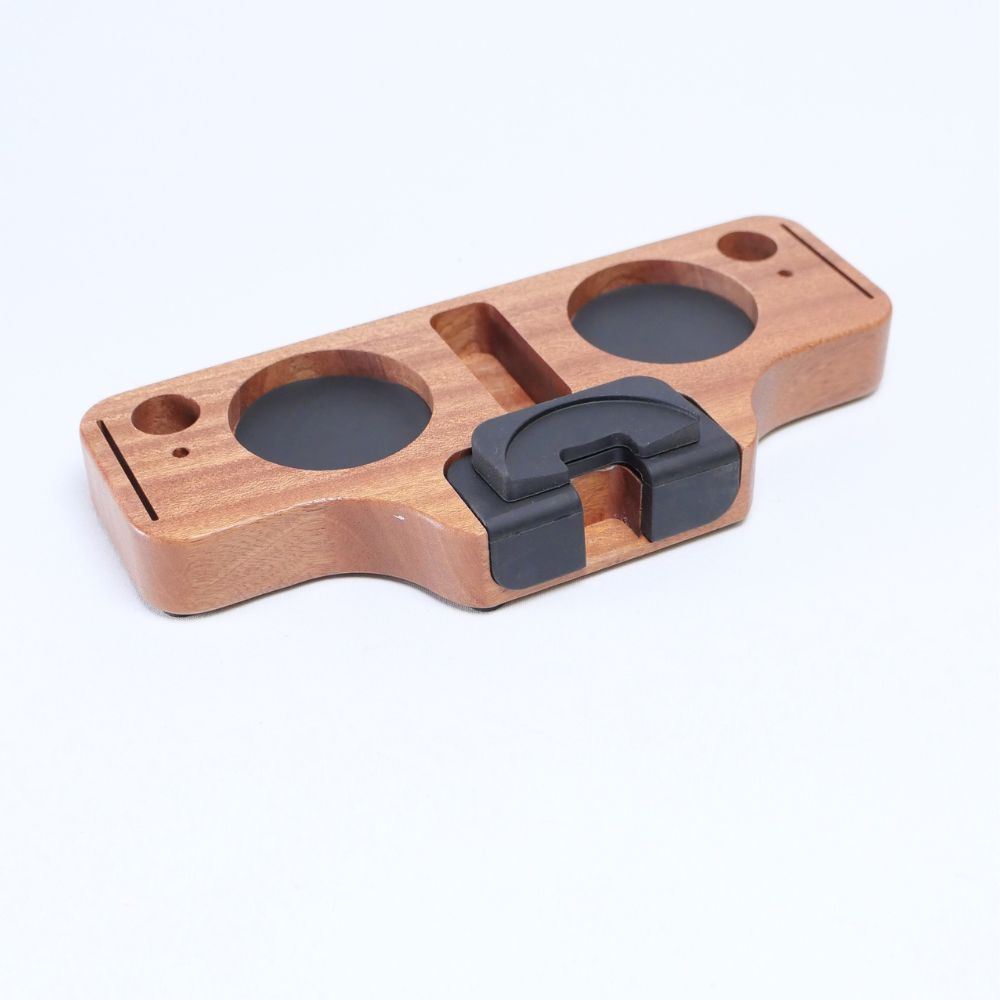 KNOCDIC® wooden portafilter holder and espresso tamper station with multiple slots for coffee tools and accessories.