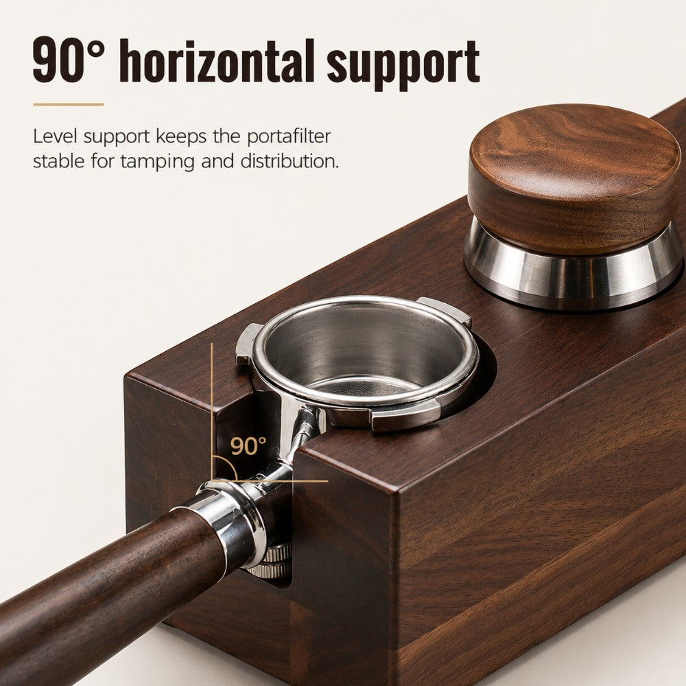 KNOCDIC® wooden espresso tool station holding portafilter, tamper, distributor, and brush for barista organization.
