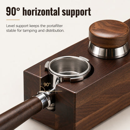 KNOCDIC® wooden espresso tool station holding portafilter, tamper, distributor, and brush for barista organization.