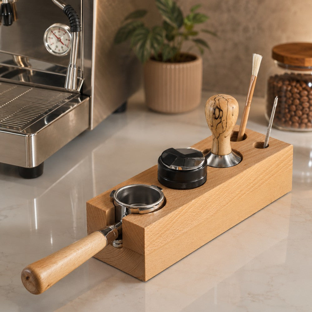 Wooden espresso tool station by KNOCDIC® with compartments for portafilter, tamper, distributor, and cleaning brush.
