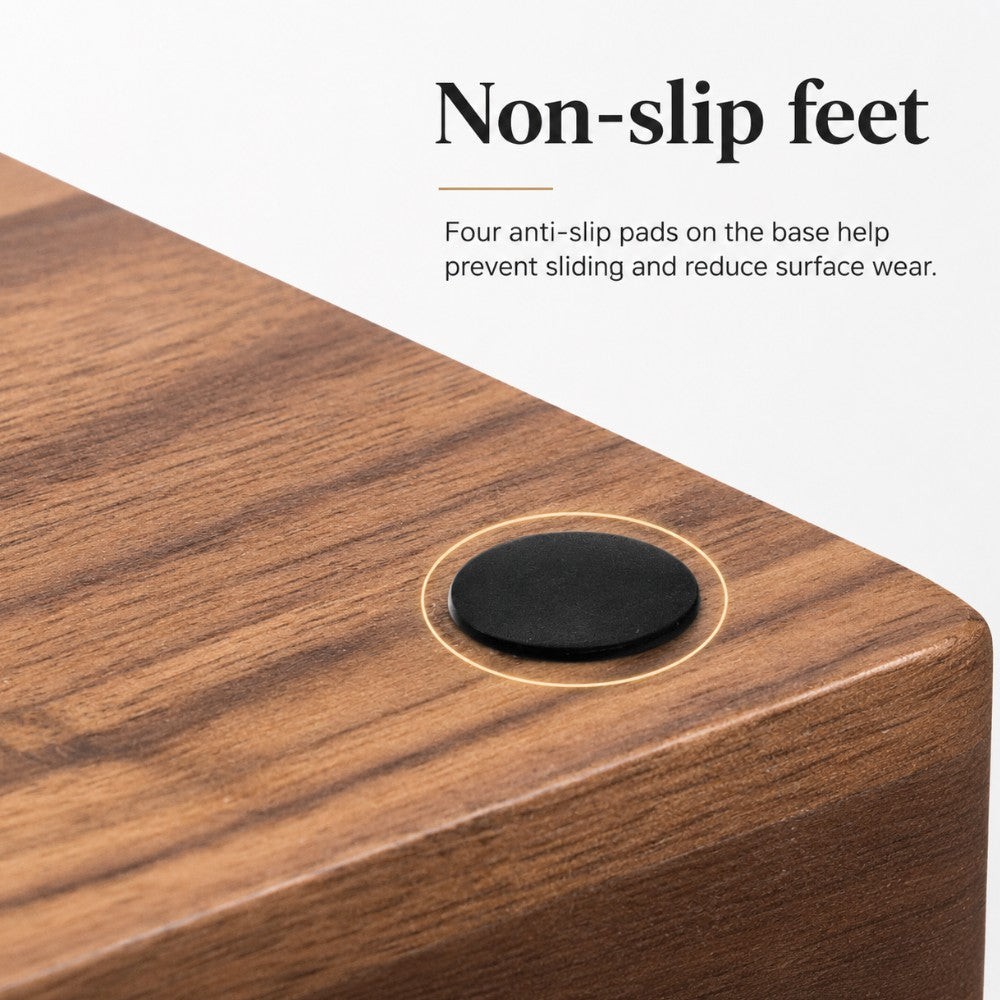KNOCDIC® wooden espresso tool station with non-slip base, holding portafilter tamper, distributor, and brush for barista use.