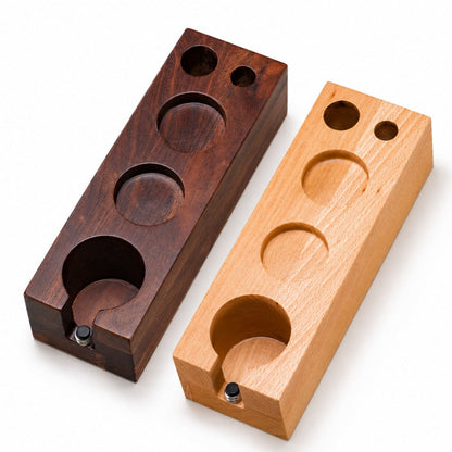 Wooden espresso tool station by KNOCDIC® with compartments for portafilter, tamper, distributor, and brush in walnut beech finish.