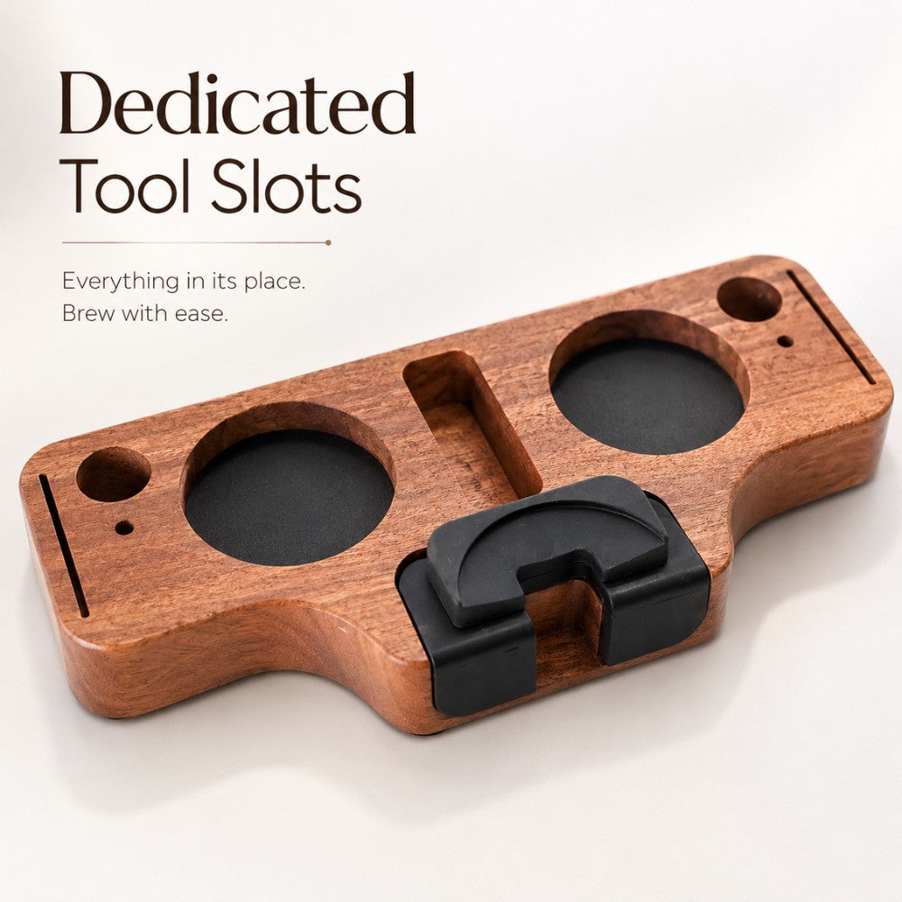 KNOCDIC® wooden portafilter holder and espresso tamper station with compartments for coffee tools and accessories.