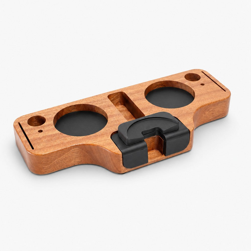 KNOCDIC® wooden portafilter holder and espresso tamper station with organized compartments for coffee tools and accessories.
