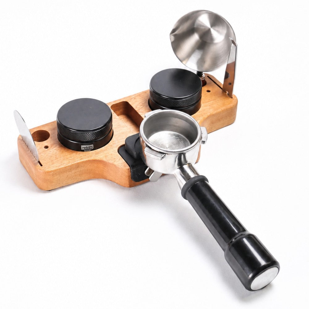 KNOCDIC® wooden portafilter holder and espresso tamper station with a barista using the wooden station for coffee preparation.