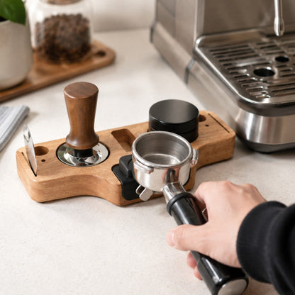 KNOCDIC® wooden portafilter holder and espresso tamper station on kitchen countertop, with coffee accessories and setup.
