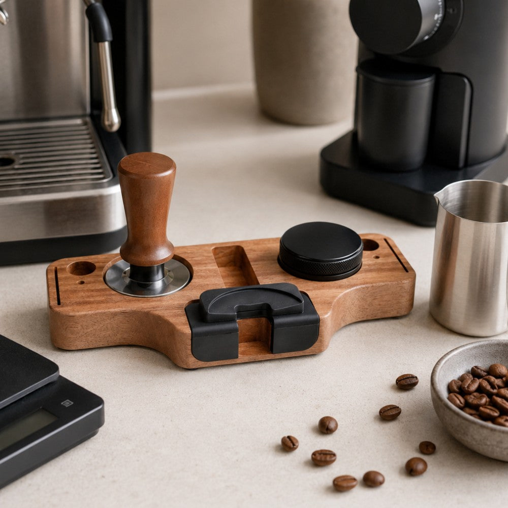Wooden portafilter holder and espresso tamper station by KNOCDIC® with coffee accessories on a kitchen countertop.