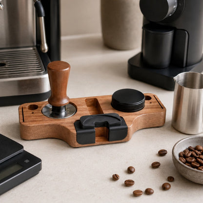 Wooden portafilter holder and espresso tamper station by KNOCDIC® with coffee accessories on a kitchen countertop.