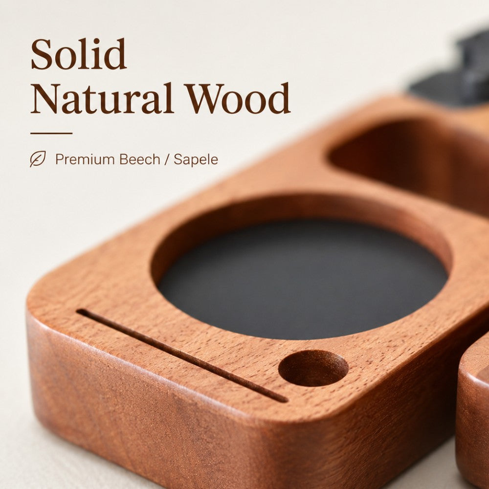 Natural wood portafilter holder and espresso tamper station by KNOCDIC®, designed for organizing coffee tools on a countertop.