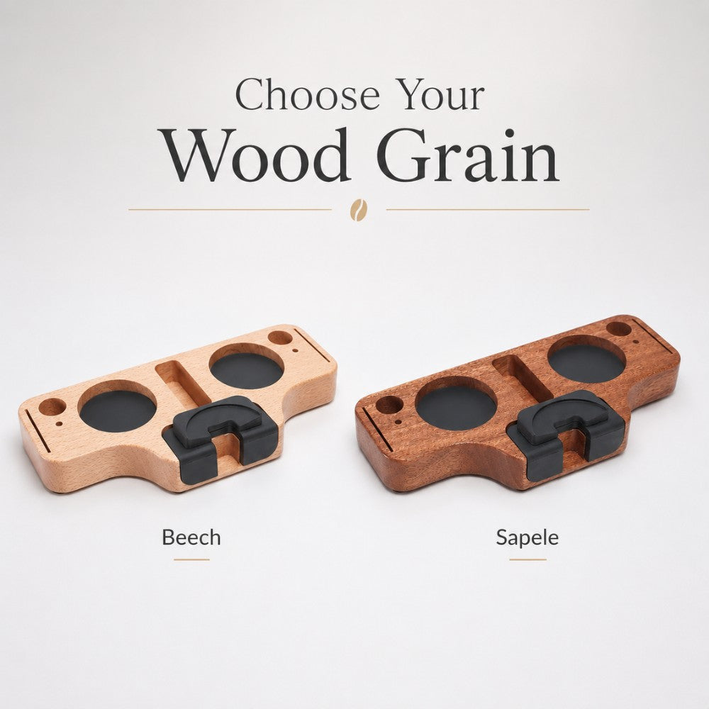 KNOCDIC® wooden portafilter holder and espresso tamper station with woodgrain finish for coffee bar organization and tamping tools.