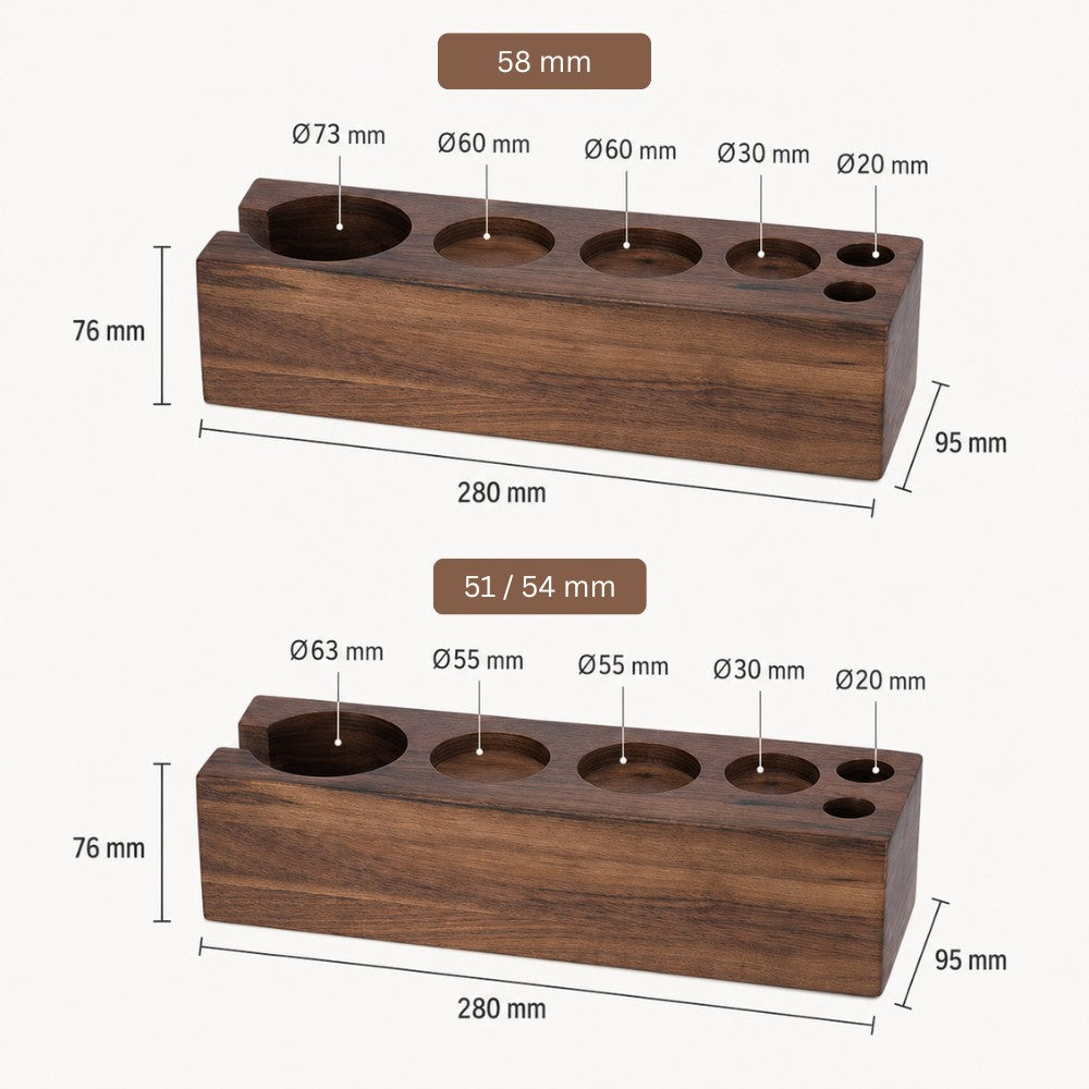 Wooden espresso tool station by KNOCDIC® with compartments for portafilter, tamper, distributor, and brush on a countertop.