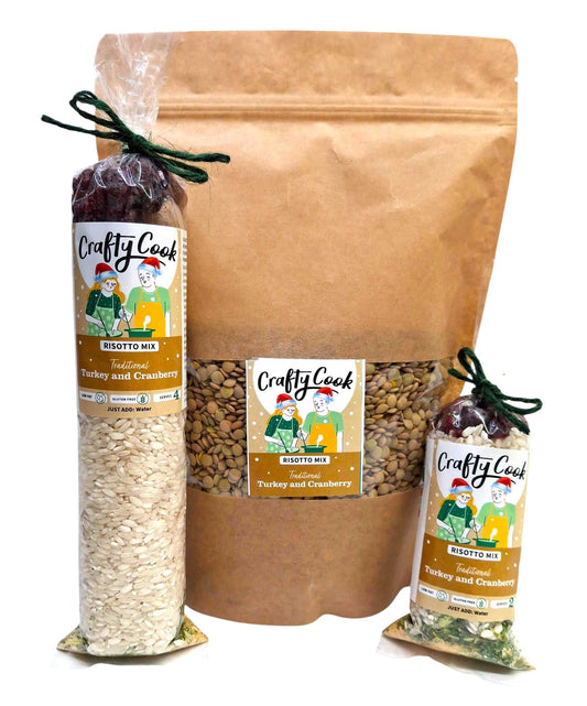 Crafty Cook Christmas Turkey and Cranberry Risotto Mix in packaging, gluten-free all-in-one rice dish for holiday cooking.