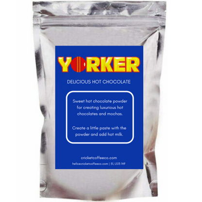 Bag label of Clubhouse Roastery Yorker Hot Chocolate tea, featuring the product name and branding on the packaging.