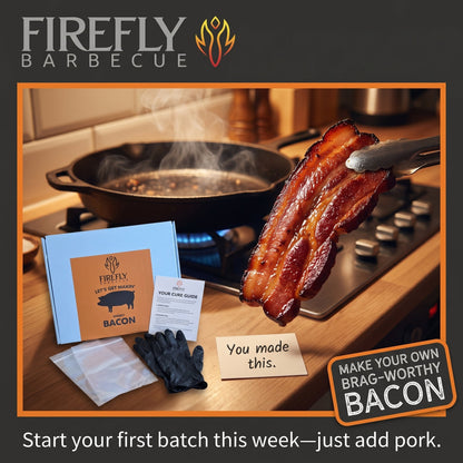 FireFly Barbecue bacon curing kit for homemade hickory smoked bacon, with curing salts, spices, and instructions for DIY bacon.
