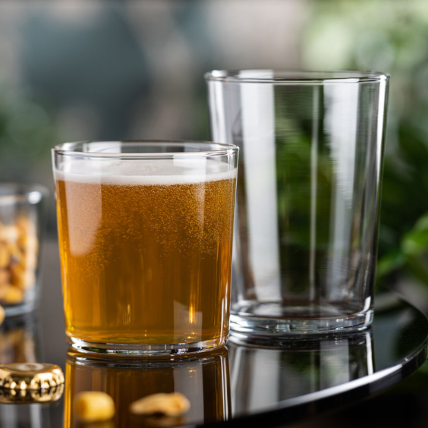 Set of six Glassware UK toughened turbo whisky tumblers, 370ml water glasses with a sleek, durable design.