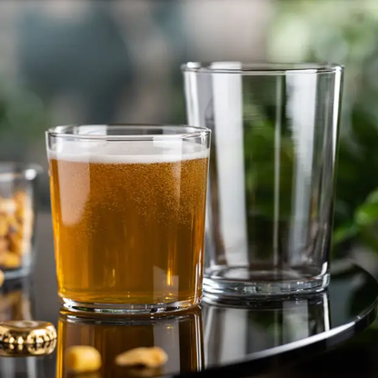 Set of six toughened glass whisky tumblers by Glassware UK, 370ml turbo water glasses with sturdy, clear design.