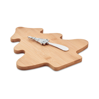 Tree-shaped bamboo cheeseboard set with knife, natural wood finish, ideal for serving cheese and appetizers.