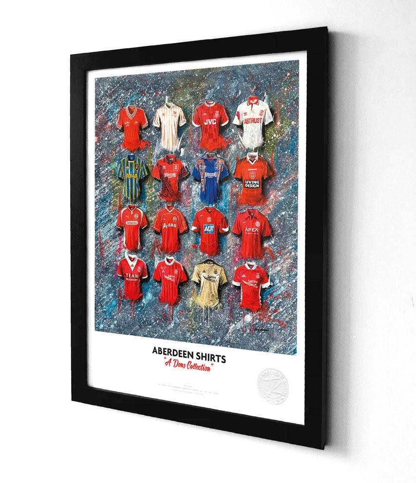 Limited edition framed print of Aberdeen football shirt by Terry Kneeshaw Art, featuring detailed artwork of the iconic jersey.