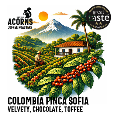 Colombia Finca Sofia coffee bag from Acorns Coffee & Cake, featuring toffee caramel flavor label and vibrant packaging.