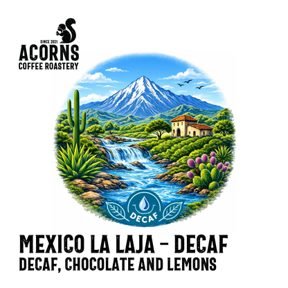 Decaf Mexico Mountain Water Coffee by Acorns Coffee & Cake featuring lemon and chocolate flavors in a brewed coffee cup.