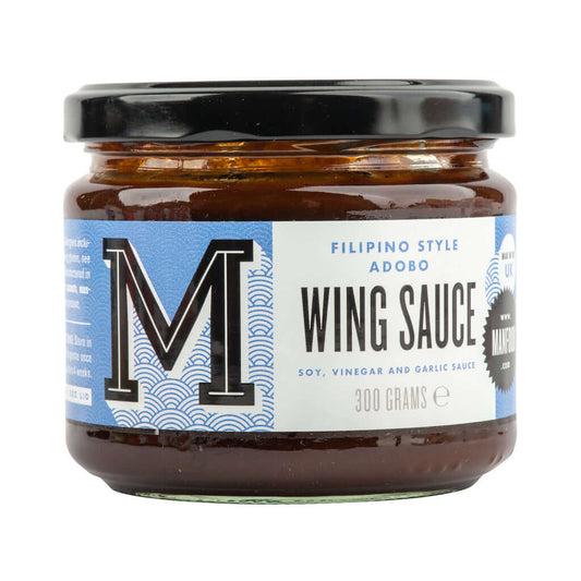 Manfood Filipino Style Adobo Wing Sauce bottle with label, showcasing rich and flavorful sauce for chicken wings.