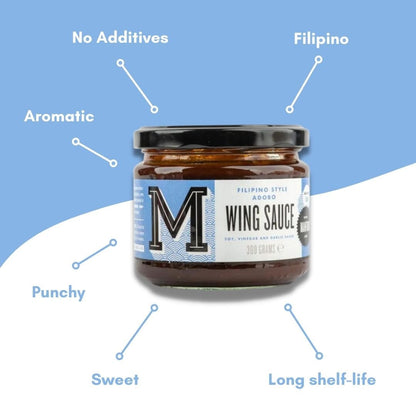 Manfood Adobo Wing Sauce in a glass bottle, showcasing the flavorful sauce with a spicy and savory appearance.