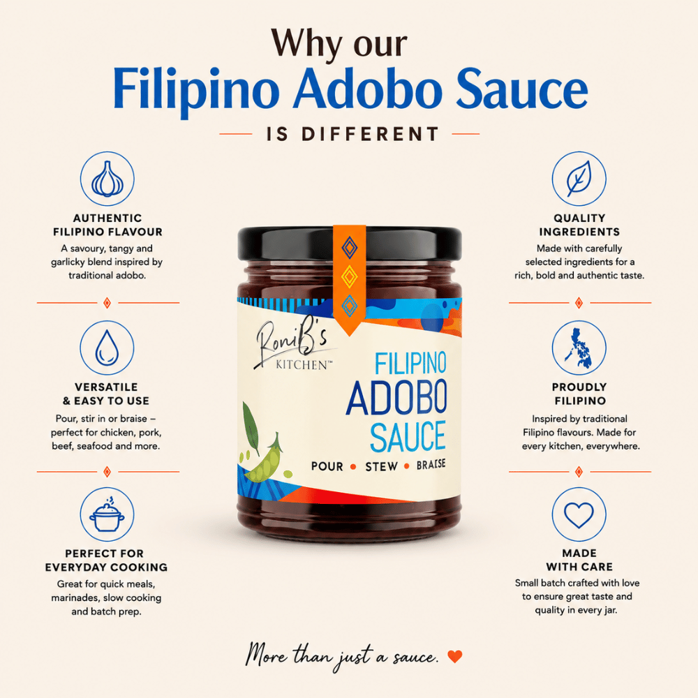 Bottle of RoniBs Kitchen Filipino Adobo Sauce, a rich and flavorful condiment for Philippine cuisine, displayed with clean label and info.