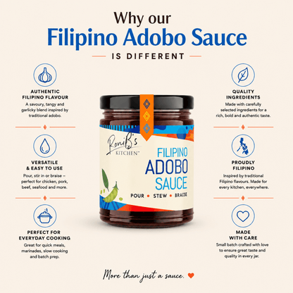Bottle of RoniBs Kitchen Filipino Adobo Sauce, a rich and flavorful condiment for Philippine cuisine, displayed with clean label and info.