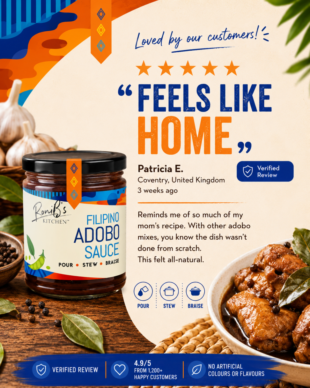 Bottle of RoniBs Kitchen Filipino Adobo Sauce, a rich and flavorful condiment used in traditional Philippine cuisine.