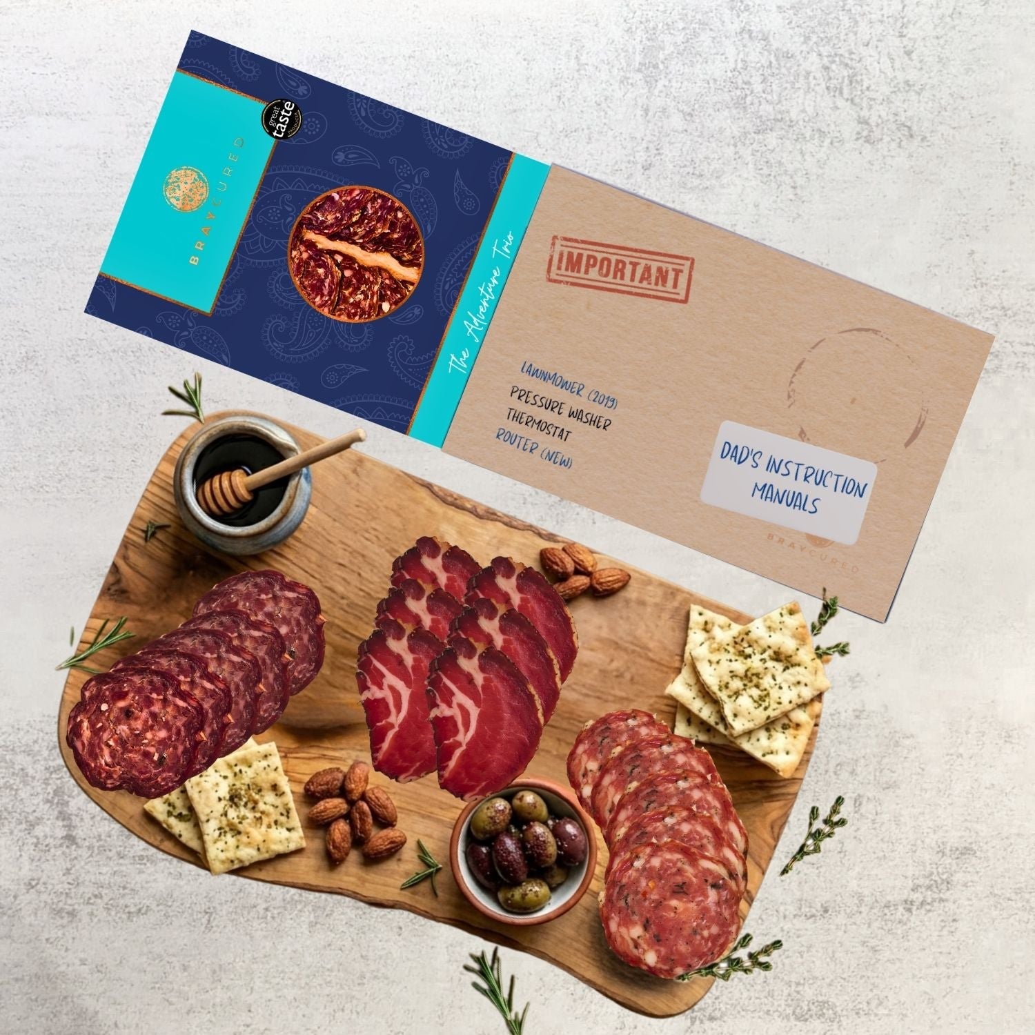 Bray Cured Adventure Tasting Trio charcuterie selection on a wooden board with meats and accompaniments, perfect for tasting experiences.