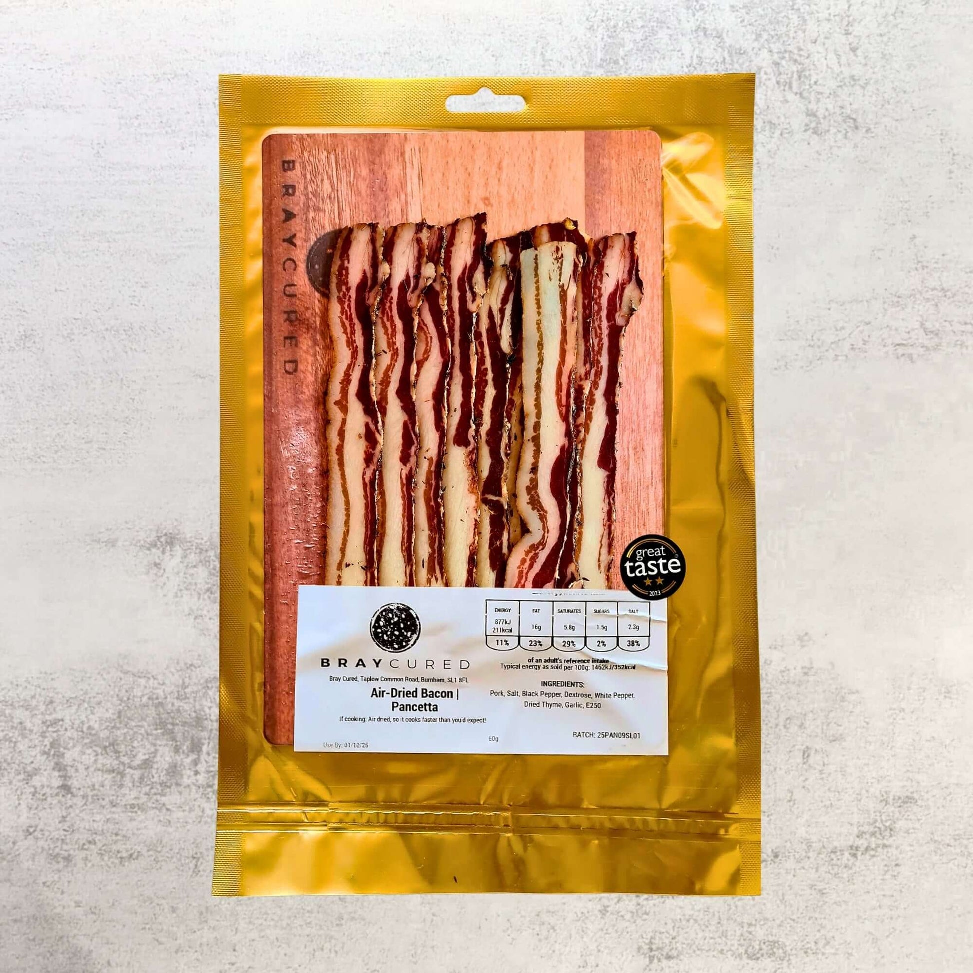 Thinly sliced Bray Cured pancetta, air-dried charcuterie meat, shown in a packaged front view.