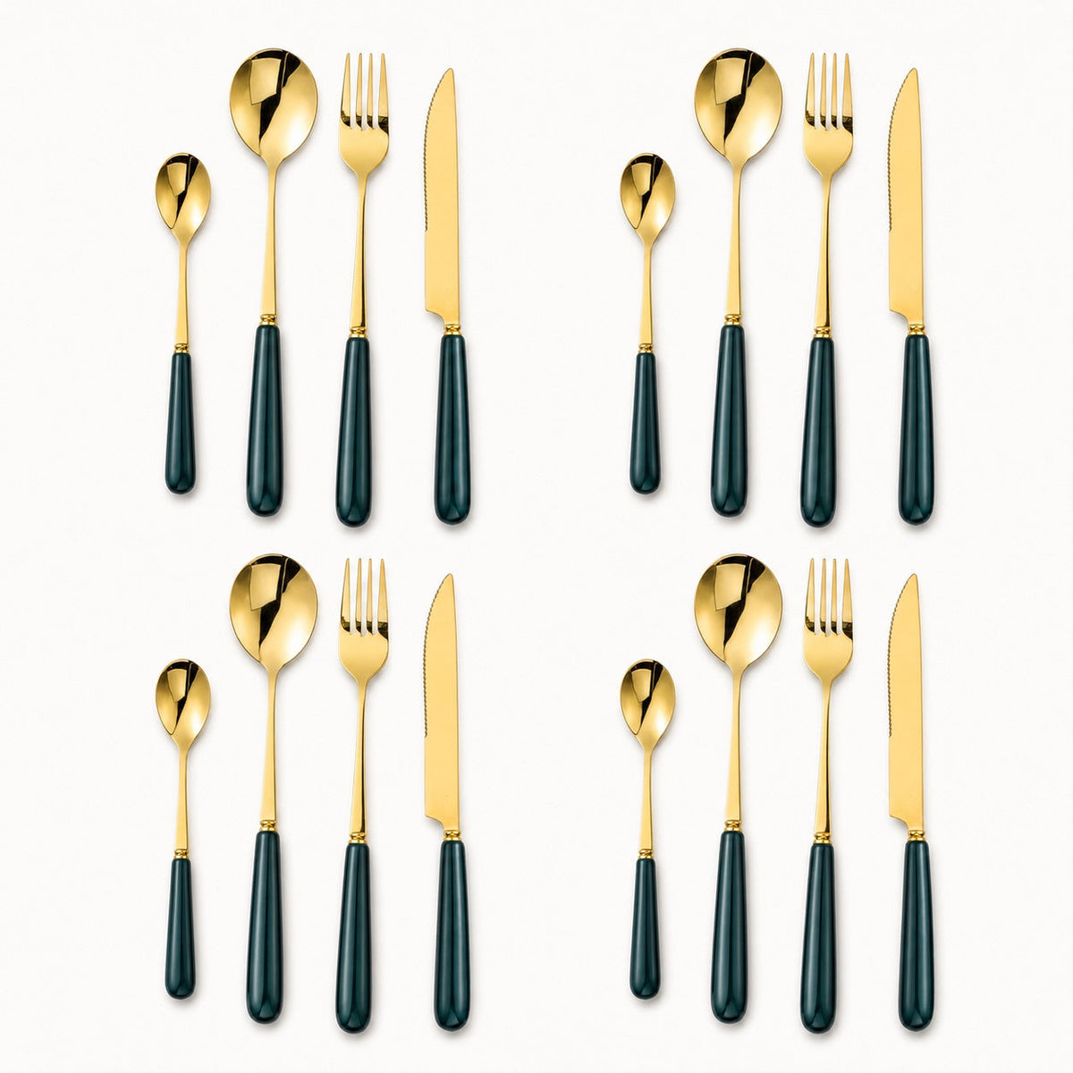 KitchBoom Aldermere 16-piece gold cutlery set with forest green handles, including knives, forks, and spoons arranged on a table.