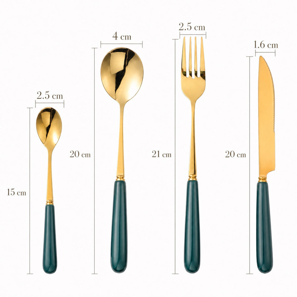 Aldermere 16-piece gold cutlery set by KitchBoom with forest green handles, including forks, knives, spoons, and serving utensils.