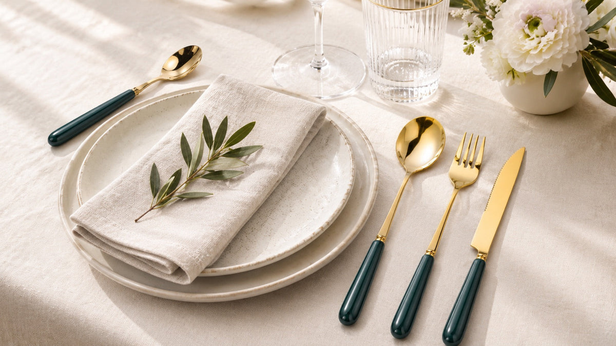 Aldermere 24-piece gold cutlery set by KitchBoom on a forest green table setting, including forks, knives, and spoons.