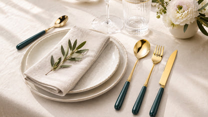 Aldermere 24-piece gold cutlery set by KitchBoom on a forest green table setting, including forks, knives, and spoons.